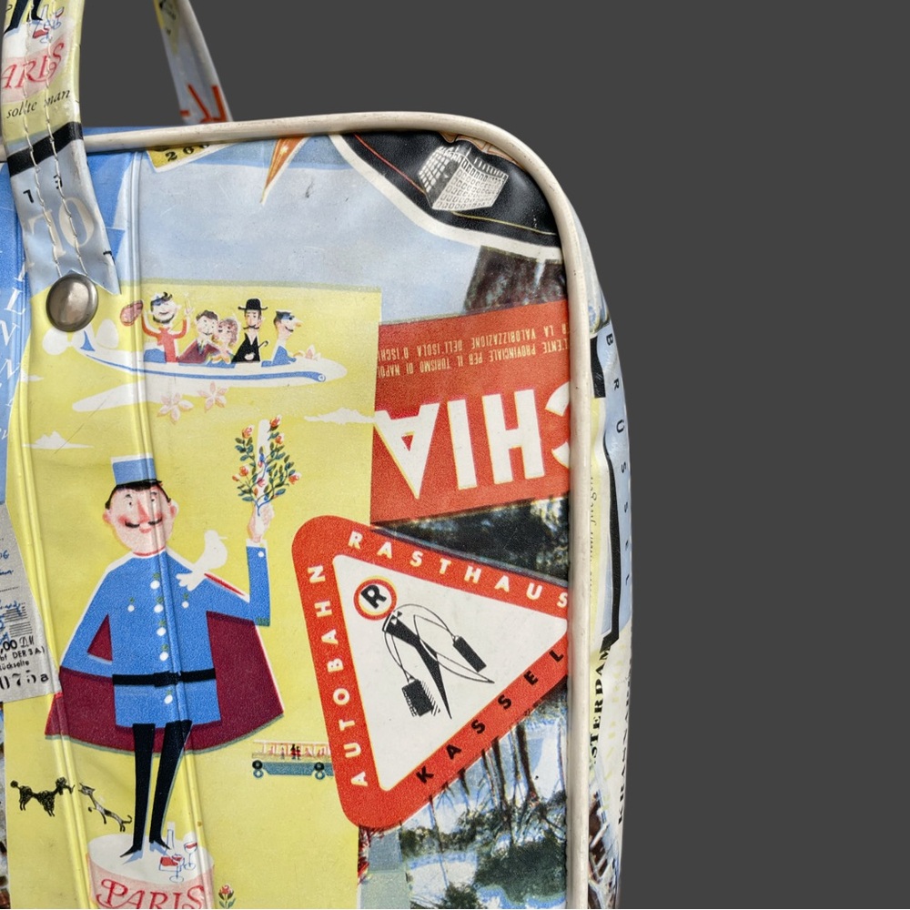 VINTAGE 60s 70s Travel Sticker Stamp Cooler Bag Luggage Style Insulated Bag - Picture 3 of 12